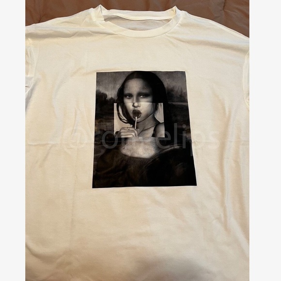 White Oversized Tee Crewneck Short Sleeve Printed Appliqué Modern Mona Lisa - Picture 8 of 11